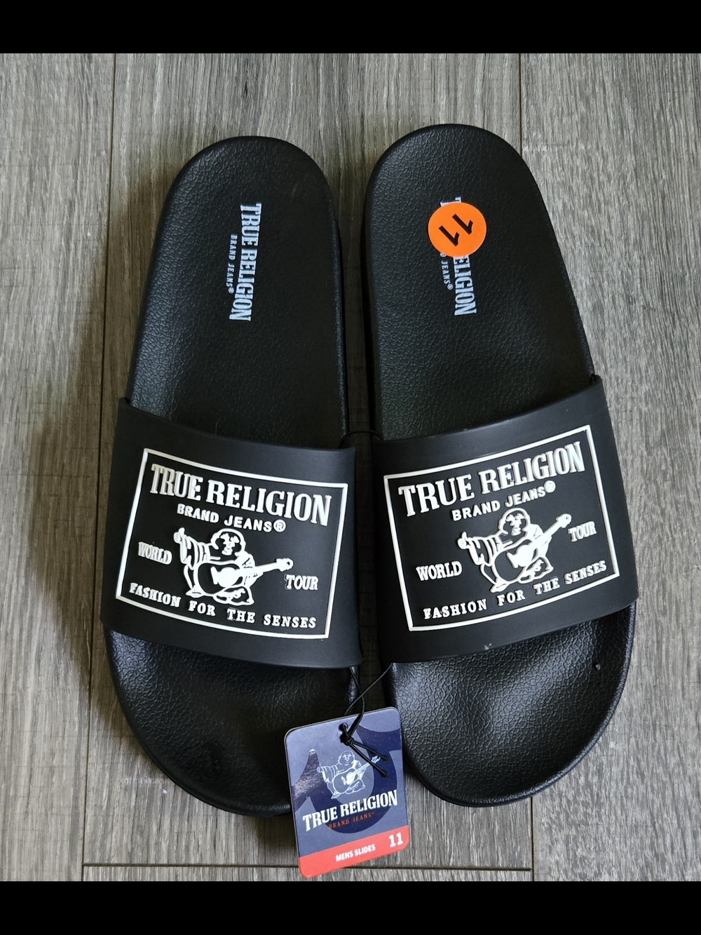 True Religion Black and White Logo Slide Sandals